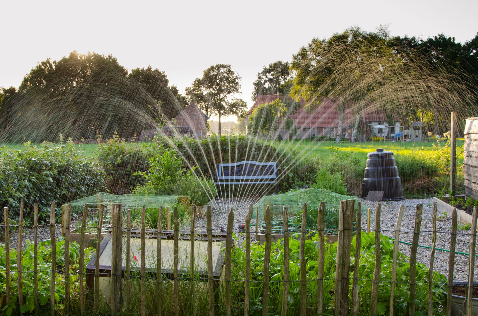Beregeningssysteem sproeiert een groentetuin — waterdruk bij beregening