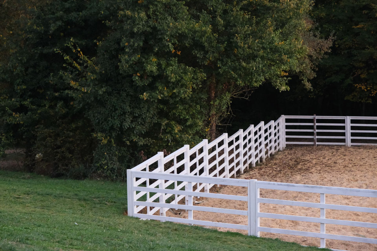 Paddock voor paarden met witte afrastering en groen landschap