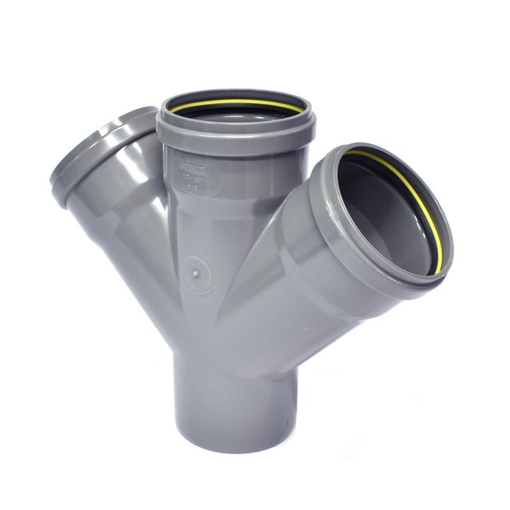 
  PVC Dubbel T-stuk 45 graden, mof x mof x mof x spie, SN4, grijs | Rabe - artikelnummer 140684
