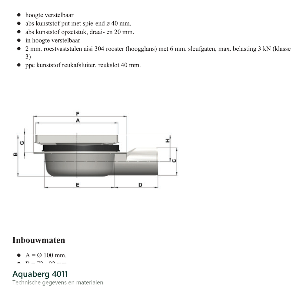 Technische gegevens van de Aquaberg 4011, elektrische data en afmetingen