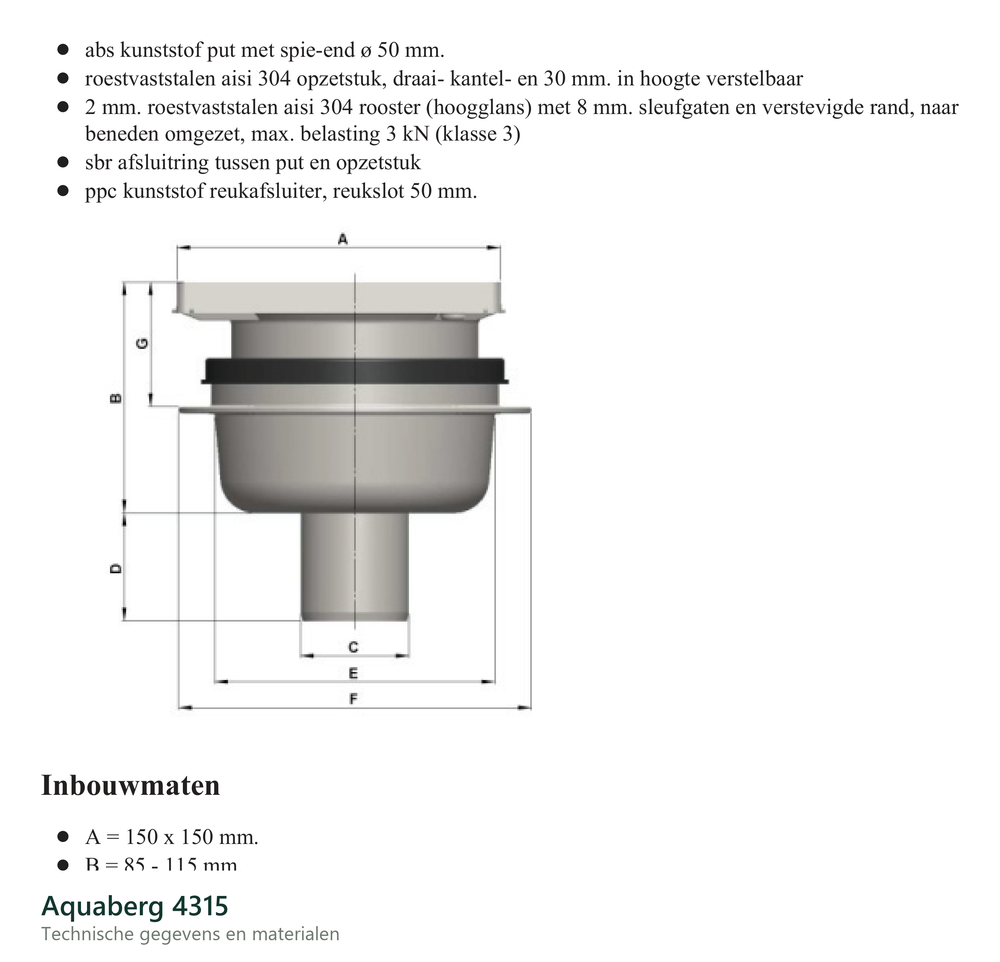 Technische gegevens van de Aquaberg 4315, elektrische data en afmetingen
