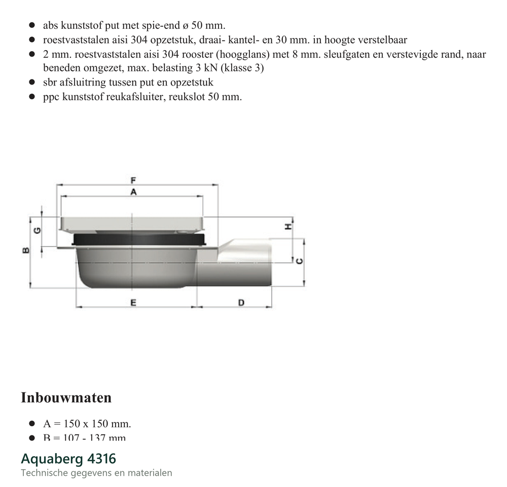 Technische gegevens van de Aquaberg 4316, elektrische data en afmetingen