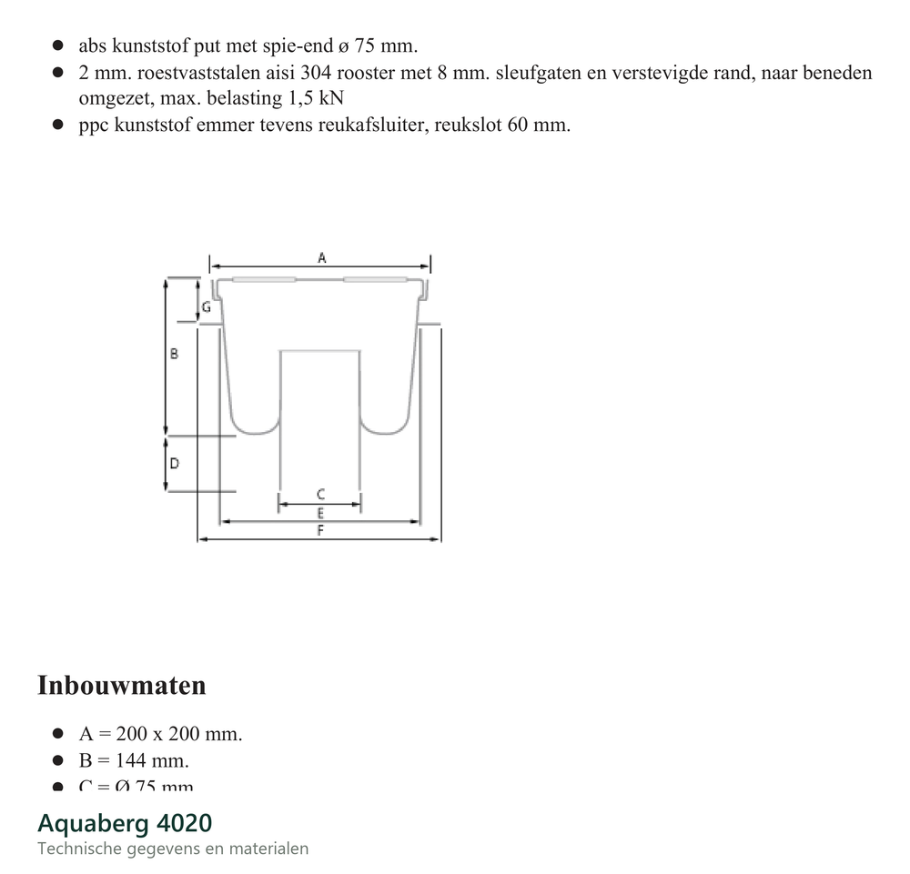 Technische gegevens van de Aquaberg 4020, elektrische data en afmetingen