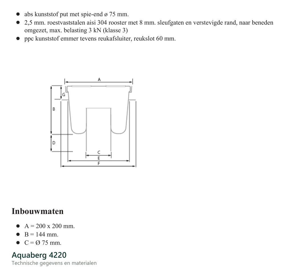 Technische gegevens van de Aquaberg 4220, elektrische data en afmetingen