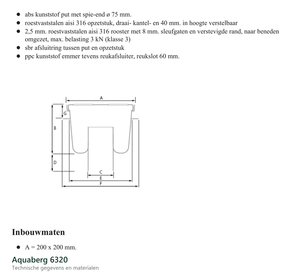 Technische gegevens van de Aquaberg 6320, elektrische data en afmetingen