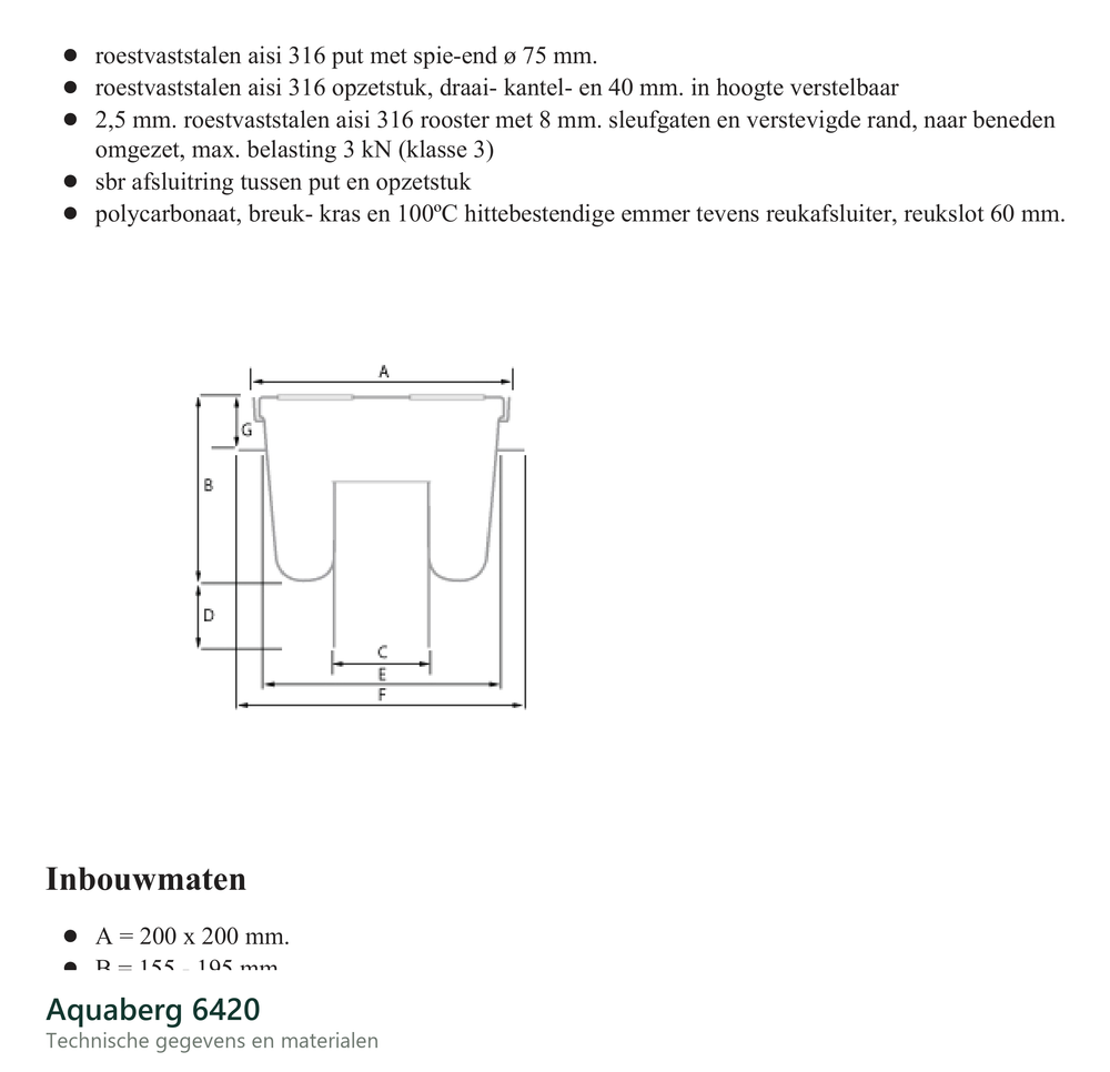 Technische gegevens van de Aquaberg 6420, elektrische data en afmetingen