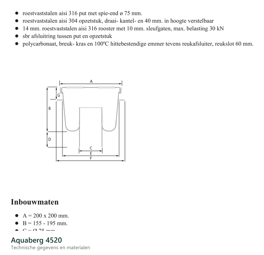Technische gegevens van de Aquaberg 4520, elektrische data en afmetingen