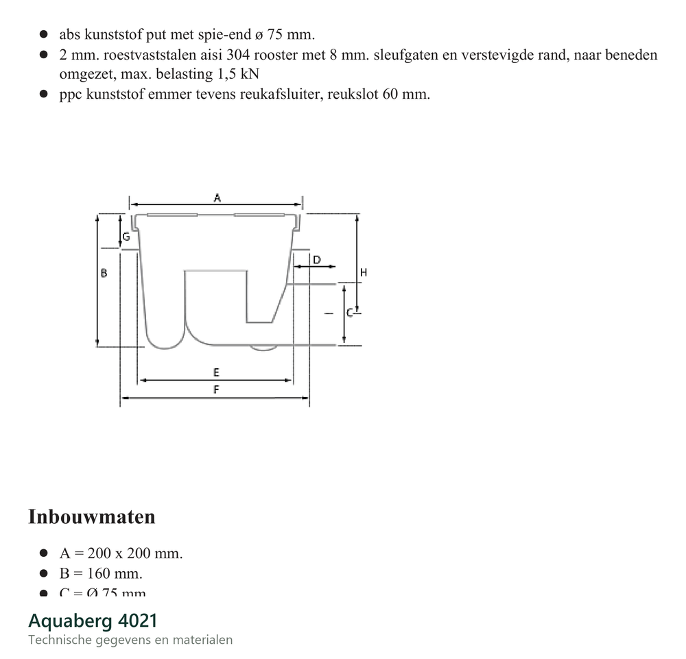 Technische gegevens van de Aquaberg 4021, elektrische data en afmetingen