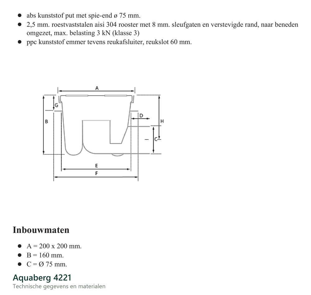 Technische gegevens van de Aquaberg 4221, elektrische data en afmetingen