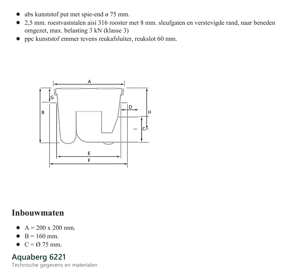 Technische gegevens van de Aquaberg 6221, elektrische data en afmetingen