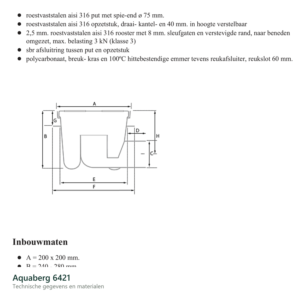 Technische gegevens van de Aquaberg 6421, elektrische data en afmetingen