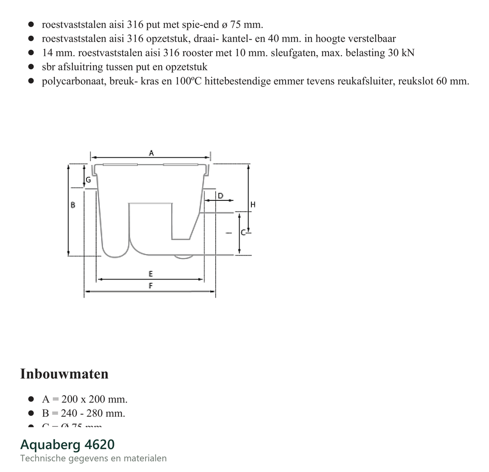 Technische gegevens van de Aquaberg 4620, elektrische data en afmetingen