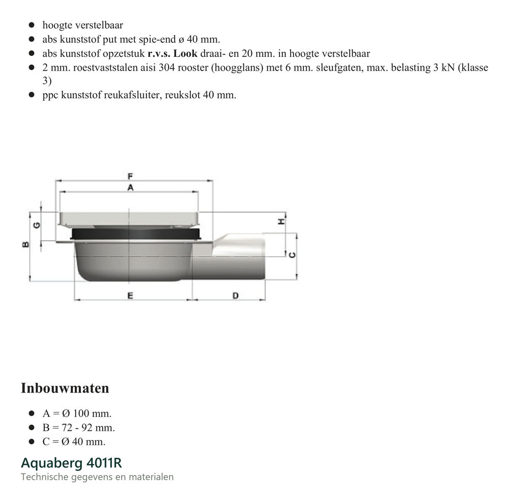 Technische gegevens van de Aquaberg 4011R, elektrische data en afmetingen