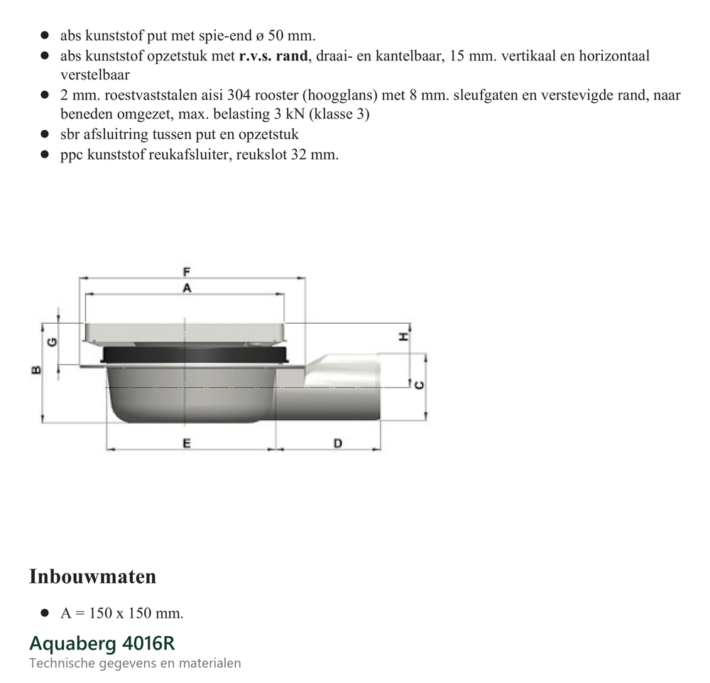 Technische gegevens van de Aquaberg 4016R, elektrische data en afmetingen