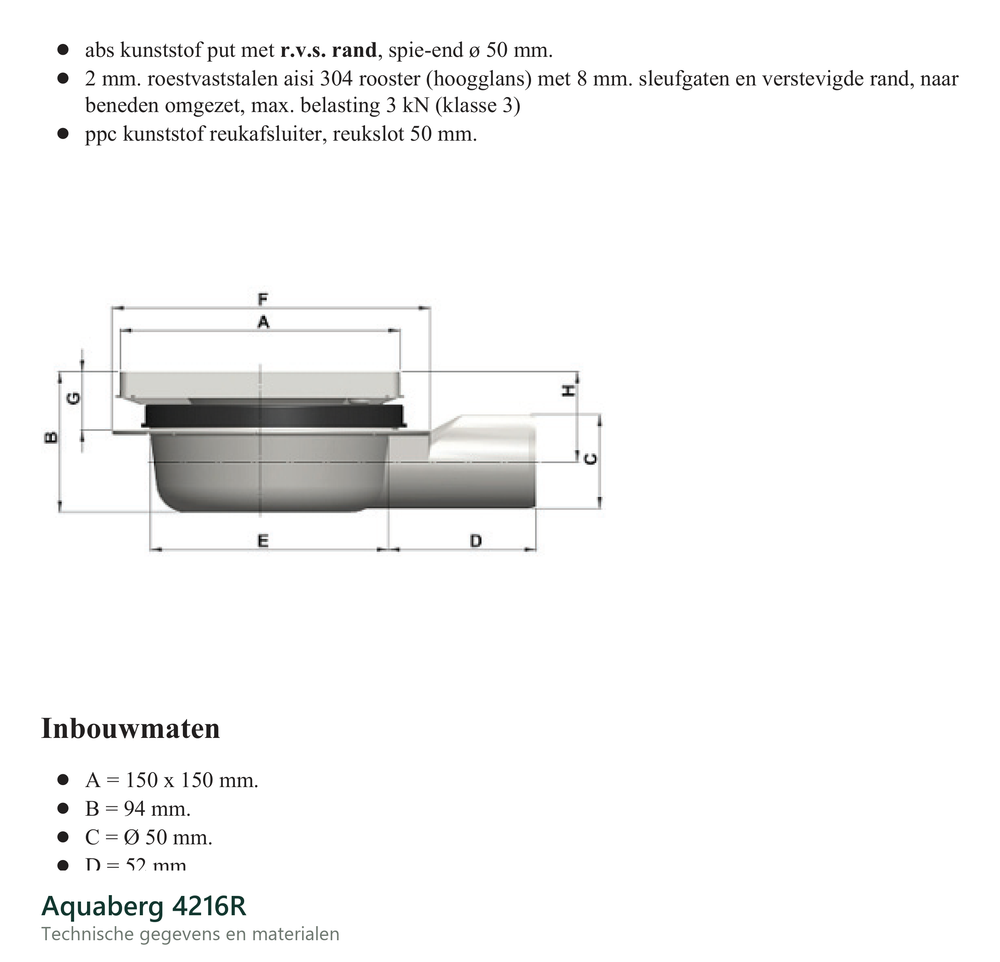 Technische gegevens van de Aquaberg 4216R, elektrische data en afmetingen