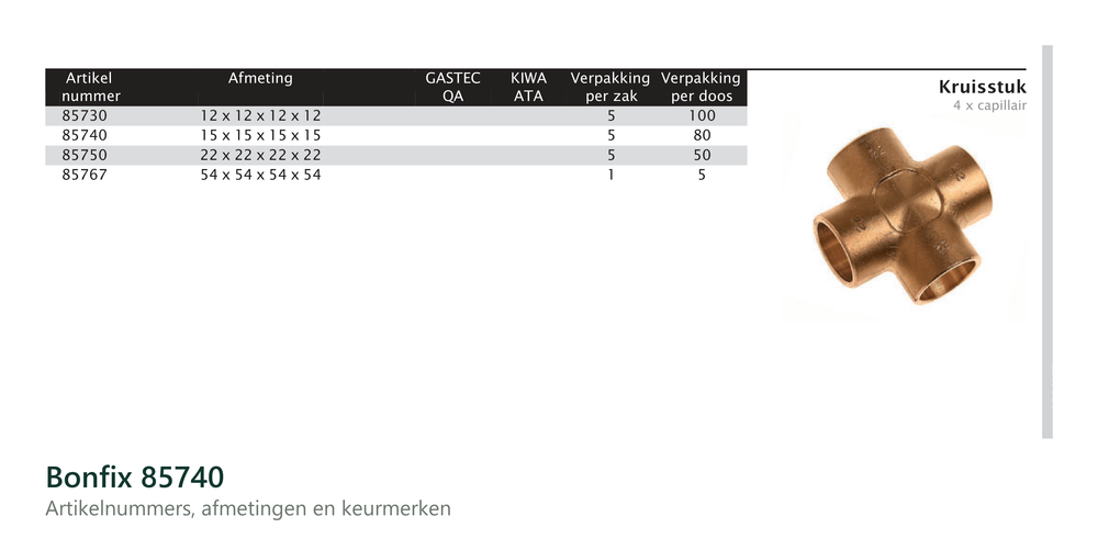 Maatvoering en aansluitmaten van de Bonfix 85740