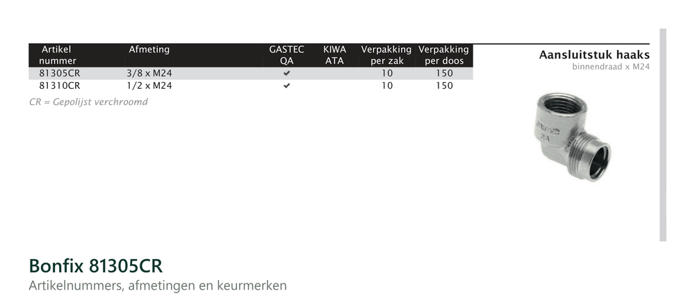 Maatvoering en aansluitmaten van de Bonfix 81305CR