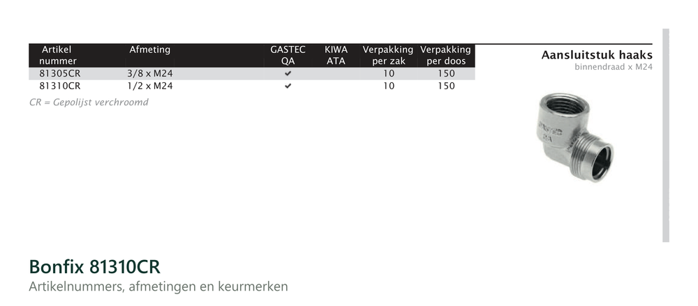 Maatvoering en aansluitmaten van de Bonfix 81310CR