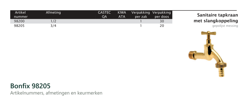Maatvoering en aansluitmaten van de Bonfix 98205