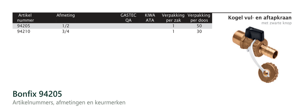 Maatvoering en aansluitmaten van de Bonfix 94205