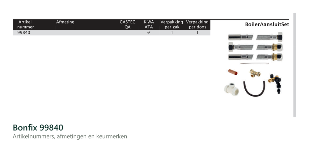 Maatvoering en aansluitmaten van de Bonfix 99840