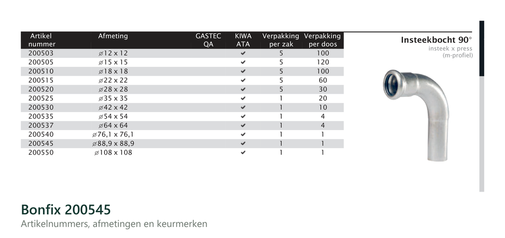 Maatvoering en aansluitmaten van de Bonfix 200545