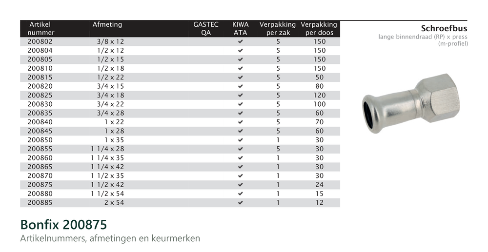 Maatvoering en aansluitmaten van de Bonfix 200875