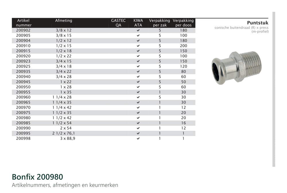 Maatvoering en aansluitmaten van de Bonfix 200980