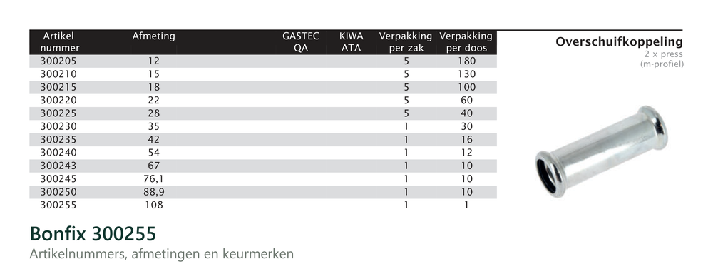 Maatvoering en aansluitmaten van de Bonfix 300255