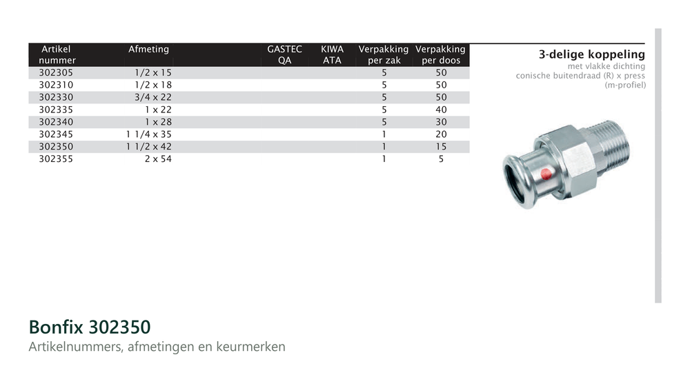 Maatvoering en aansluitmaten van de Bonfix 302350