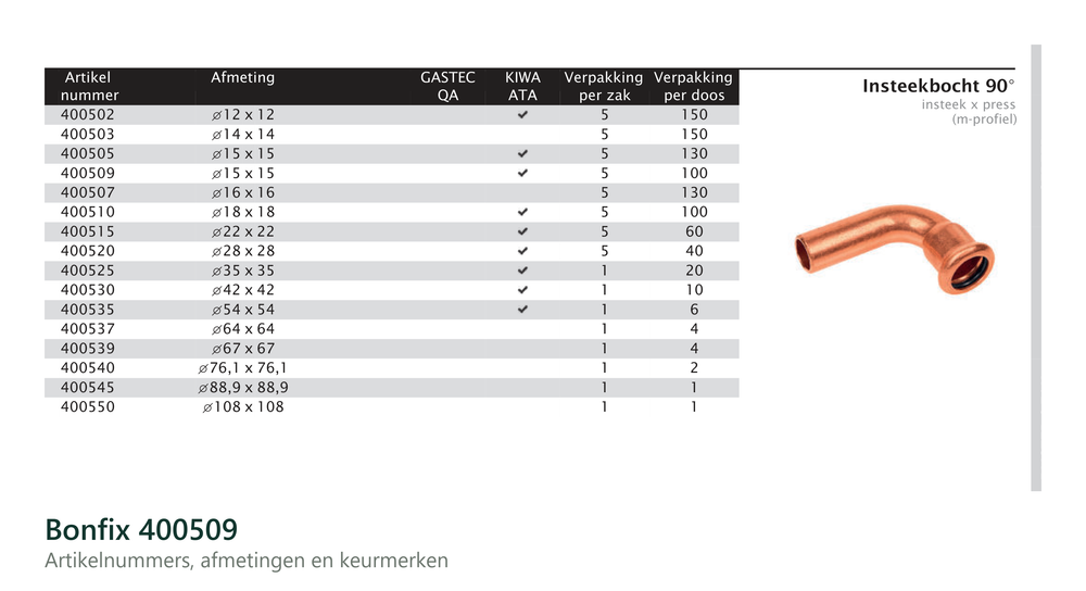 Maatvoering en aansluitmaten van de Bonfix 400509