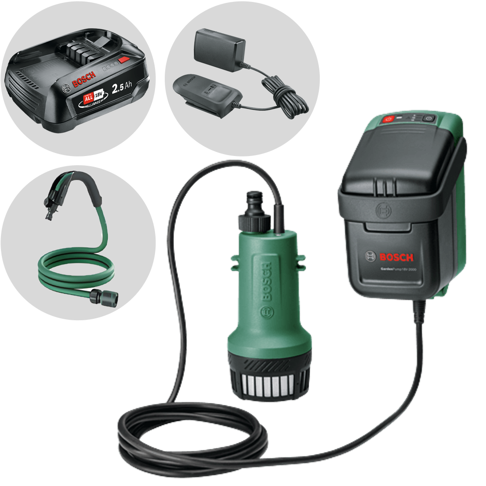 Bosch GardenPump 18V-2000 dompelpomp voor schoon water, 18 V 2,5 Ah | Rabe