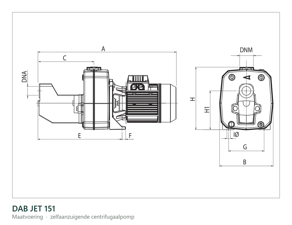 Maatvoering en aansluitmaten van de DAB JET 151