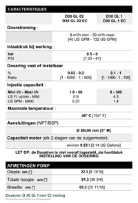Technische gegevens van de Dosatron D 30 GL 1 met EC meting, elektrische data en afmetingen