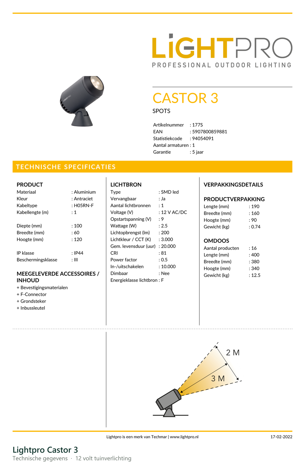 Technische gegevens van de Lightpro Castor 3, elektrische data en afmetingen