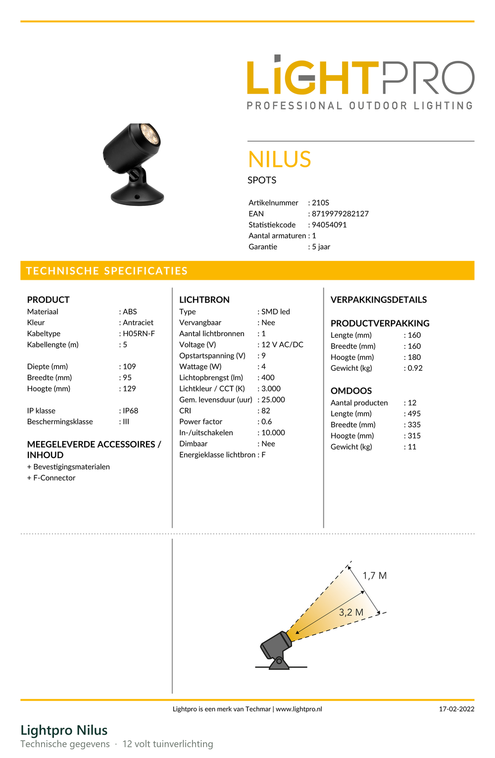 Technische gegevens van de Lightpro Nilus, elektrische data en afmetingen