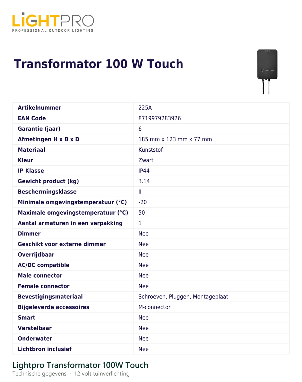 Technische gegevens van de Lightpro Transformator 100W Touch, elektrische data en afmetingen