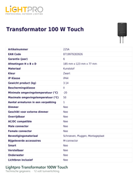 Technische gegevens van de Lightpro Transformator 100W Touch, elektrische data en afmetingen