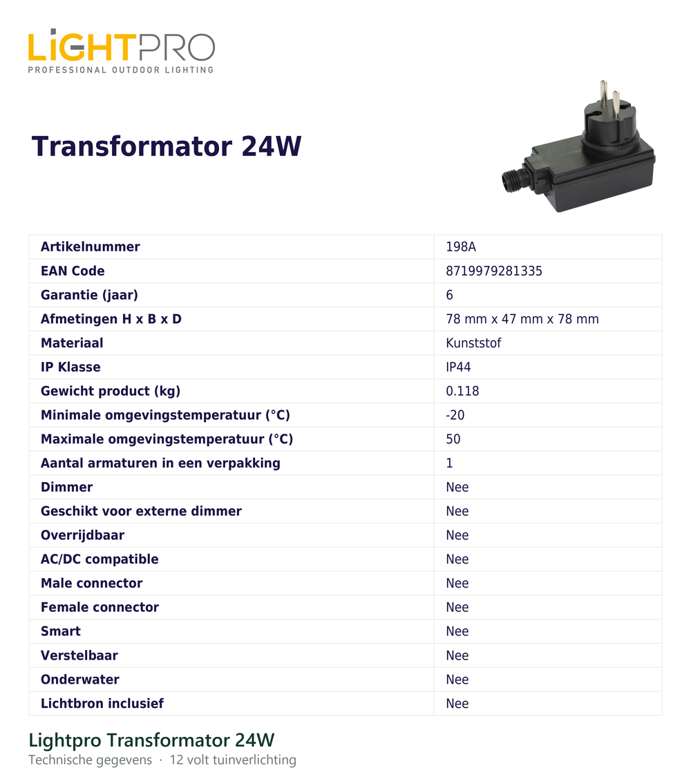 Technische gegevens van de Lightpro Transformator 24W, elektrische data en afmetingen