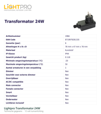 Technische gegevens van de Lightpro Transformator 24W, elektrische data en afmetingen