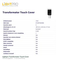 Technische gegevens van de Lightpro Transformator Touch Cover, elektrische data en afmetingen