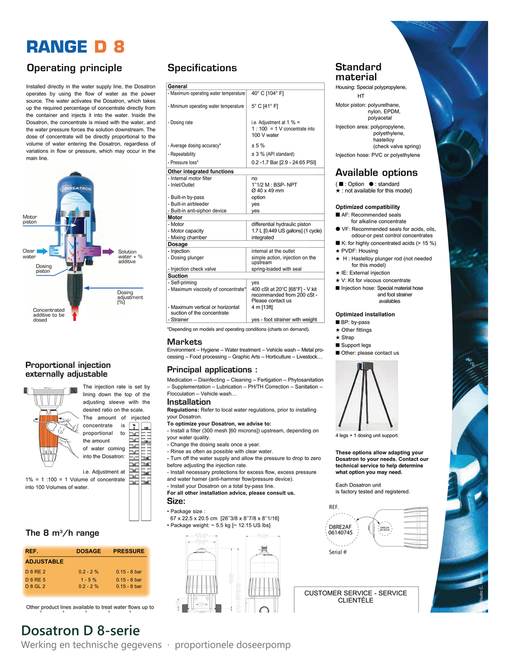 Werking, doseerbereik en technische gegevens van de Dosatron D 8-serie