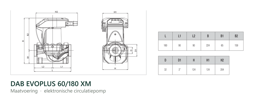 Maatvoering en aansluitmaten van de DAB EVOPLUS 60/180 XM