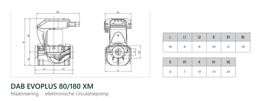 Maatvoering en aansluitmaten van de DAB EVOPLUS 80/180 XM