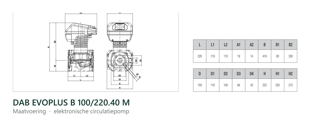 Maatvoering en aansluitmaten van de DAB EVOPLUS B 100/220.40 M