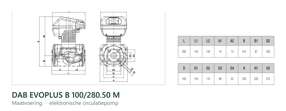 Maatvoering en aansluitmaten van de DAB EVOPLUS B 100/280.50 M