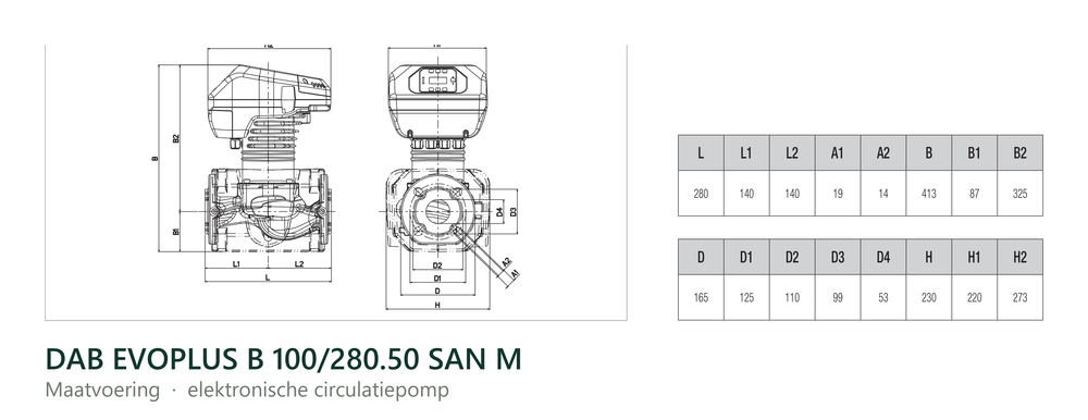 Maatvoering en aansluitmaten van de DAB EVOPLUS B 100/280.50 SAN M