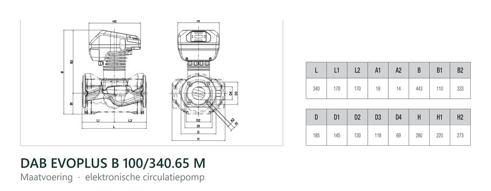 Maatvoering en aansluitmaten van de DAB EVOPLUS B 100/340.65 M