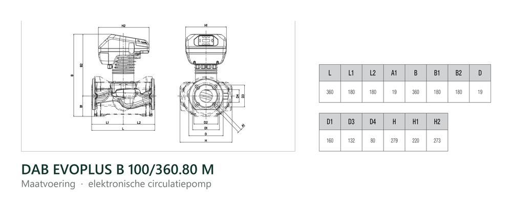 Maatvoering en aansluitmaten van de DAB EVOPLUS B 100/360.80 M
