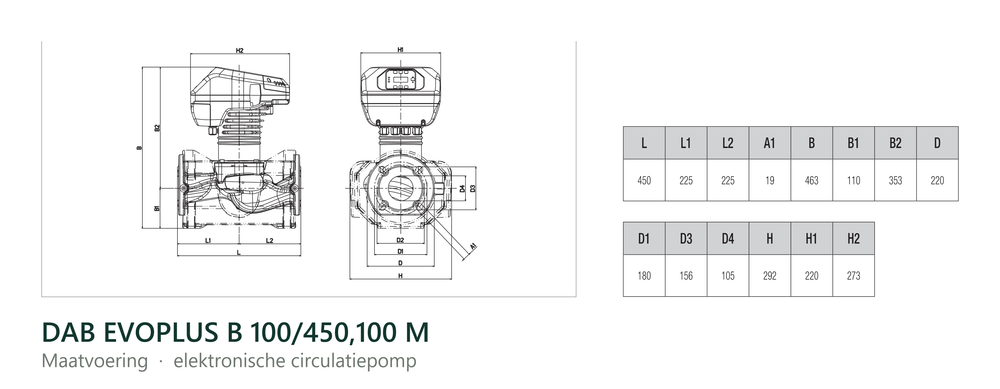 Maatvoering en aansluitmaten van de DAB EVOPLUS B 100/450,100 M
